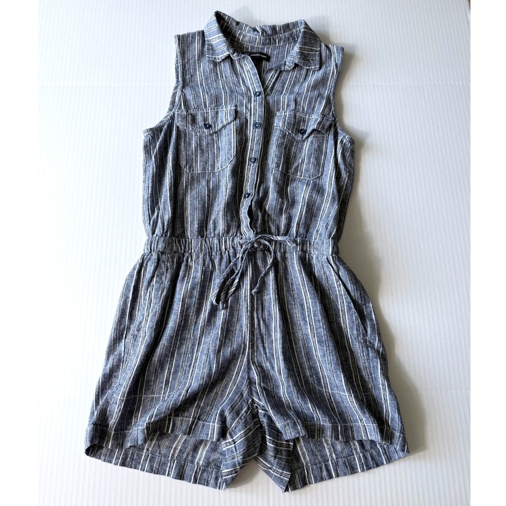INC Blue Striped Romper Women Small Linen Blend Sleeveless Button Front Utility